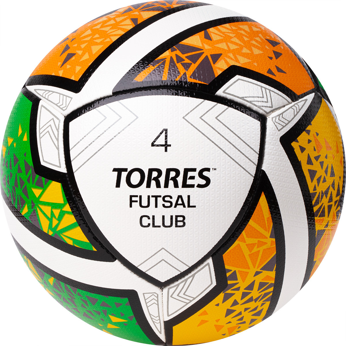 Мяч футзал. TORRES Futsal Club, FS323764, р.4, 10 пан. ПУ, 4 под. сл,  гибрид. сш. бело-зел-оранж